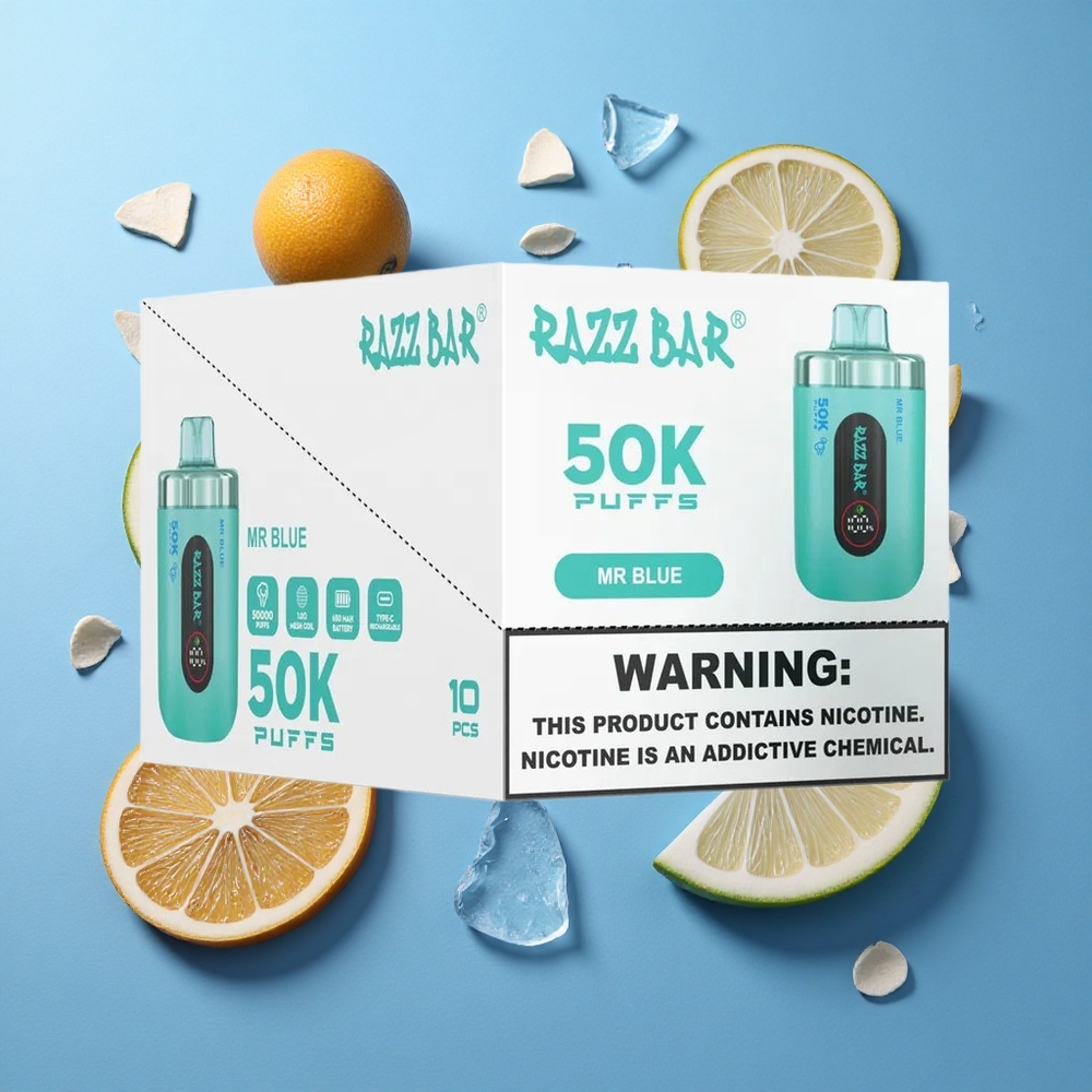 Razz Bar 50K Puffs Sigaretta elettronica usa e getta Mr Blu con Bobina Mesh 1.0 Ohm